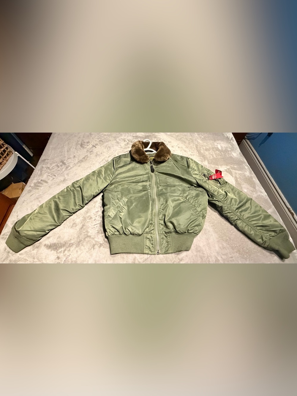 Alpha Industries Olive Bomber Jacket with Brown Faux Fur Collar